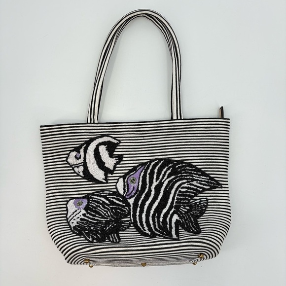 Eric Javits Striped Beaded Tripical Fish Straw Bag - Picture 8 of 10